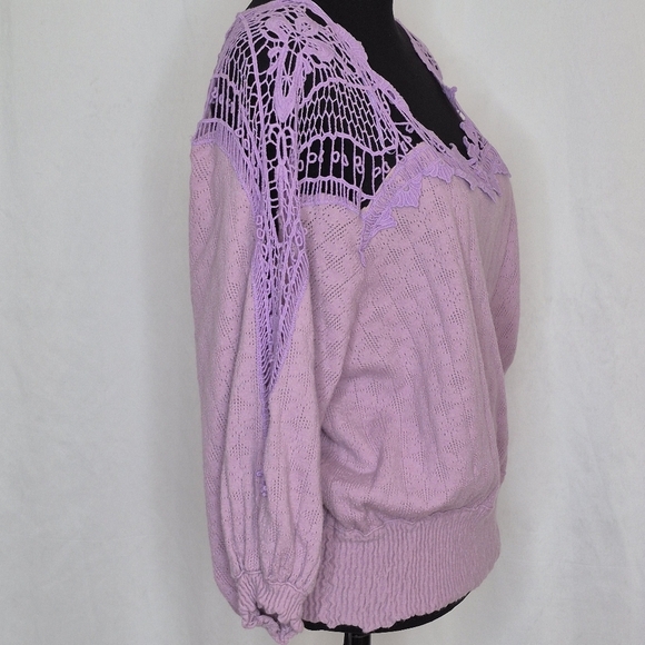 Free People Lavender Love Lace Crochet Peasant Sweater Top Shirred Waist- Size M - Picture 7 of 14